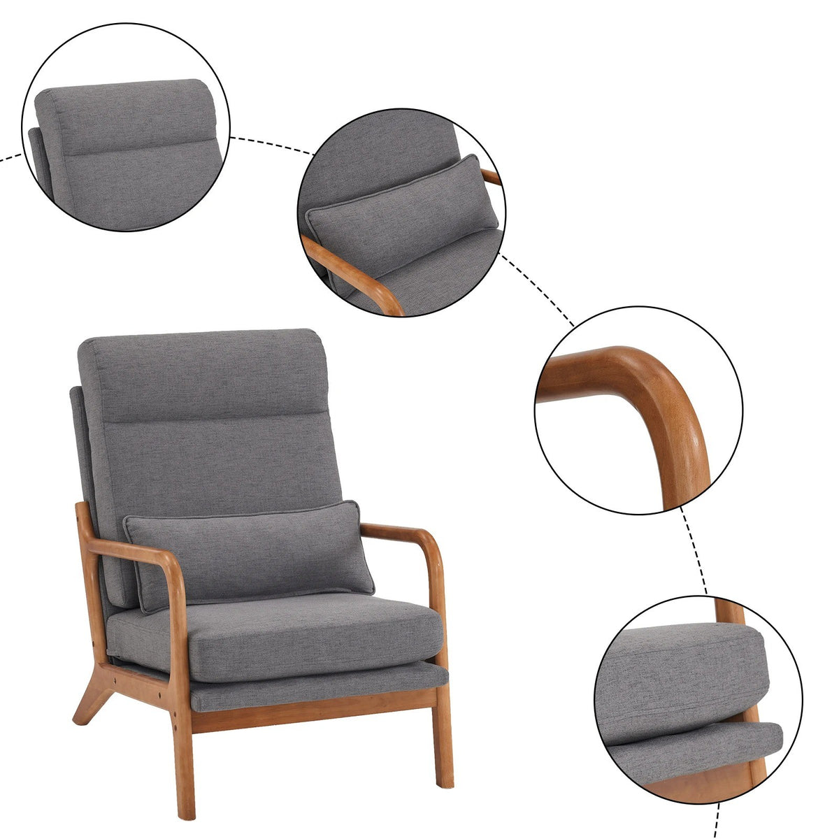 High Back Solid Wood Armrest Backrest Iron Frame Linen Indoor Leisure Chair